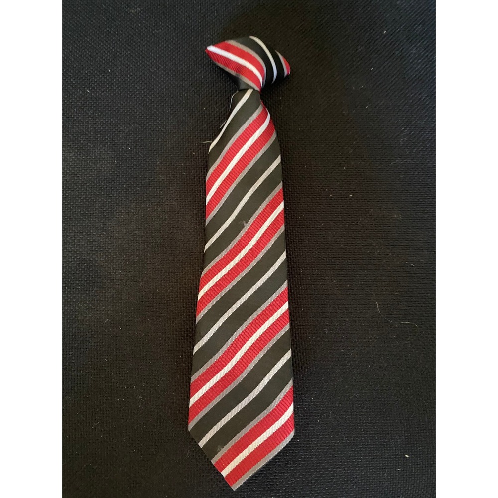 Boys Red Black Grey Striped Clip-On Necktie Formal Dress 100% Polyester